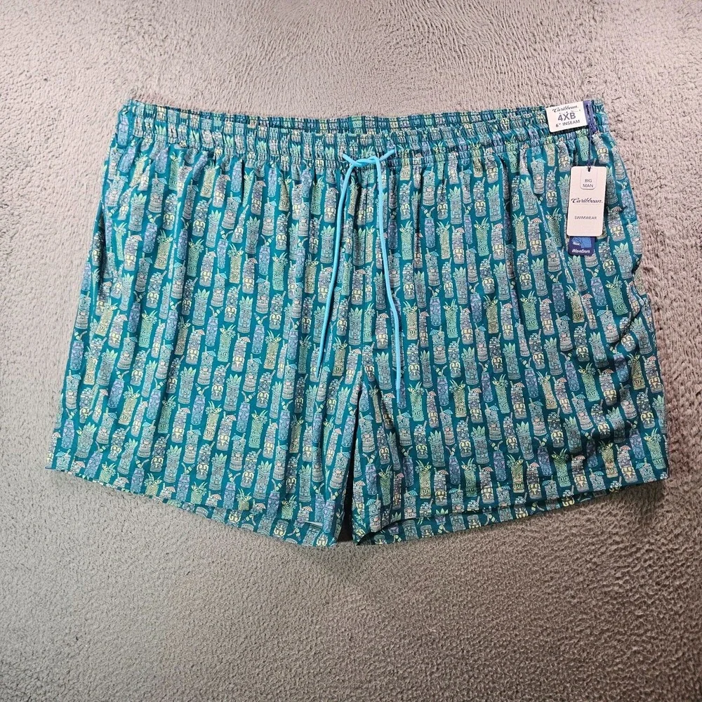 NWT Caribbean Swim Shorts Trunks Men's 4XB Lined Zip Pocket Tribal Cup Green NEW